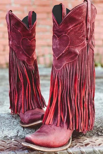 Dark Red Fringed Ankle Boots